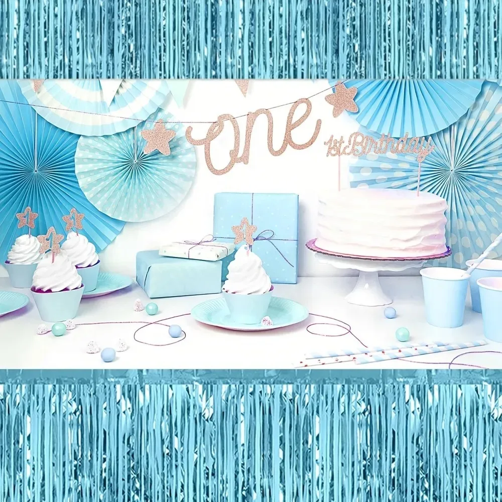 Falda de mesa con flecos de papel metalizado azul claro, decoración brillante para Pascua, Navidad, Día de la Independencia y fiestas navideñas, 2 unidades