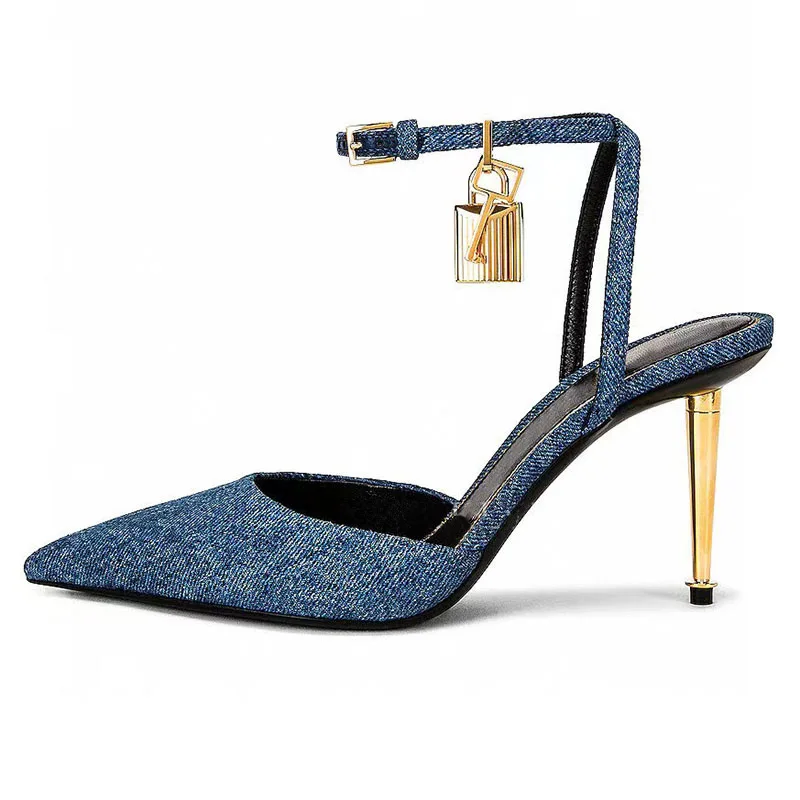 

Ankle Strap Pointed Toe Metal Lock Summer Women Sandals Stiletto High Heels Buckle Strap Design Large Size Closed Toe Shoes