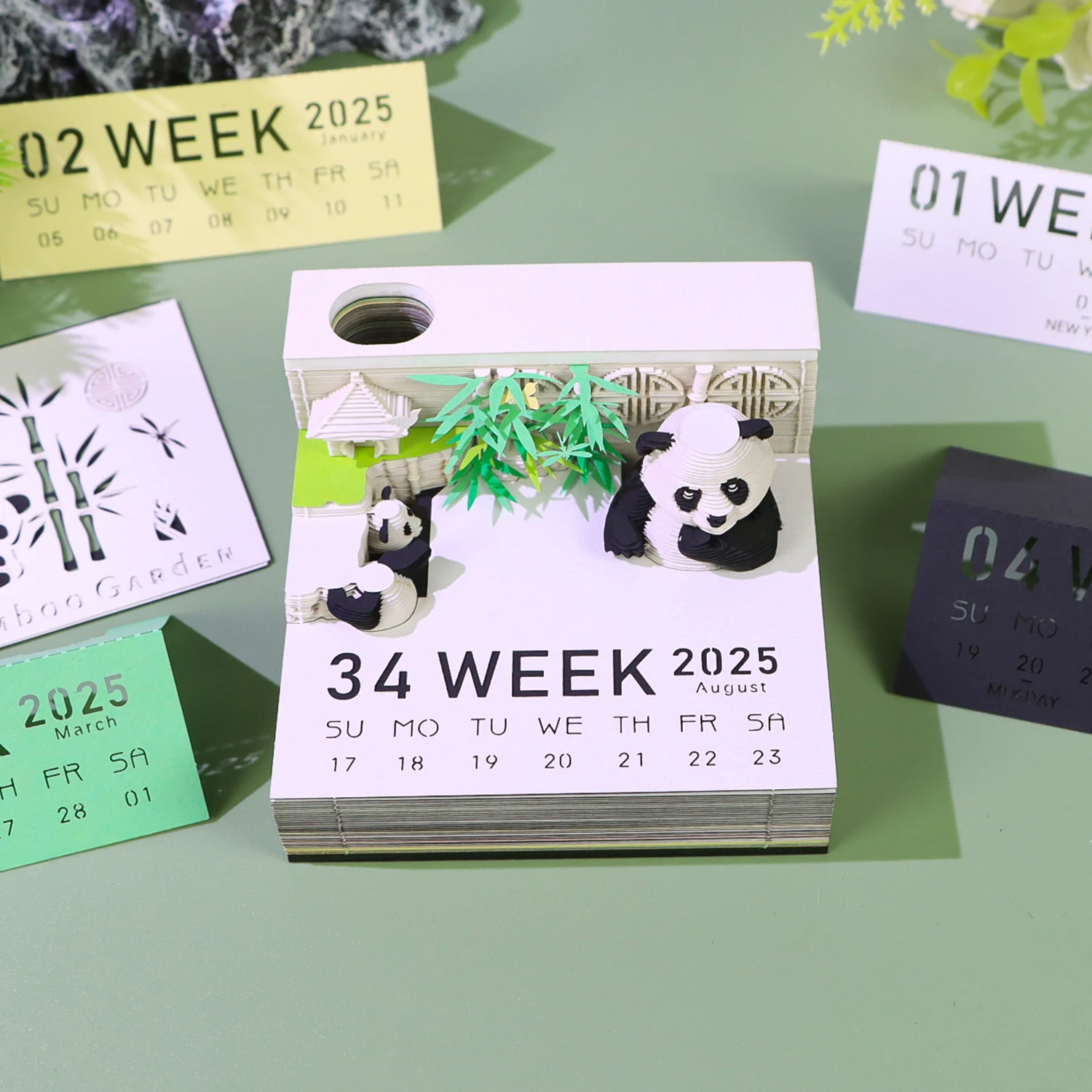 3D Memo Pad Cute Panda Magic Calendar Desk Decoration Tear Off Sticky Note Pad Pen Holder Acrylic Box Stationery Gift For Kids