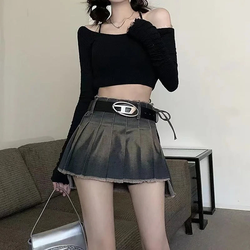 2023 new Korean style babes retro old pleated denim skirt women\'s summer new large size fat mm irregular anti-light skirt Y2K