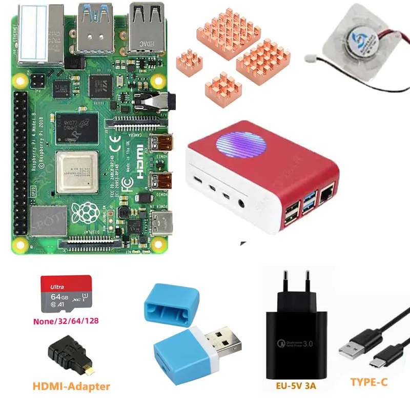 

Raspberry Pi 4 Model B Pi 4B 2GB/4GB/8GB RAM Case LED radiator Power Adapter Optional 32 64 128 GB TF Card for RPI4B