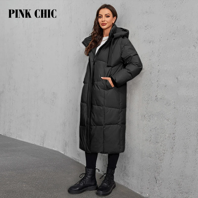 PINK CHIC 2024 New Winter Jacket Women\'s Down Jacket Fashion Warm Drawstring Hooded Long Women\'s Casual Parka W9085