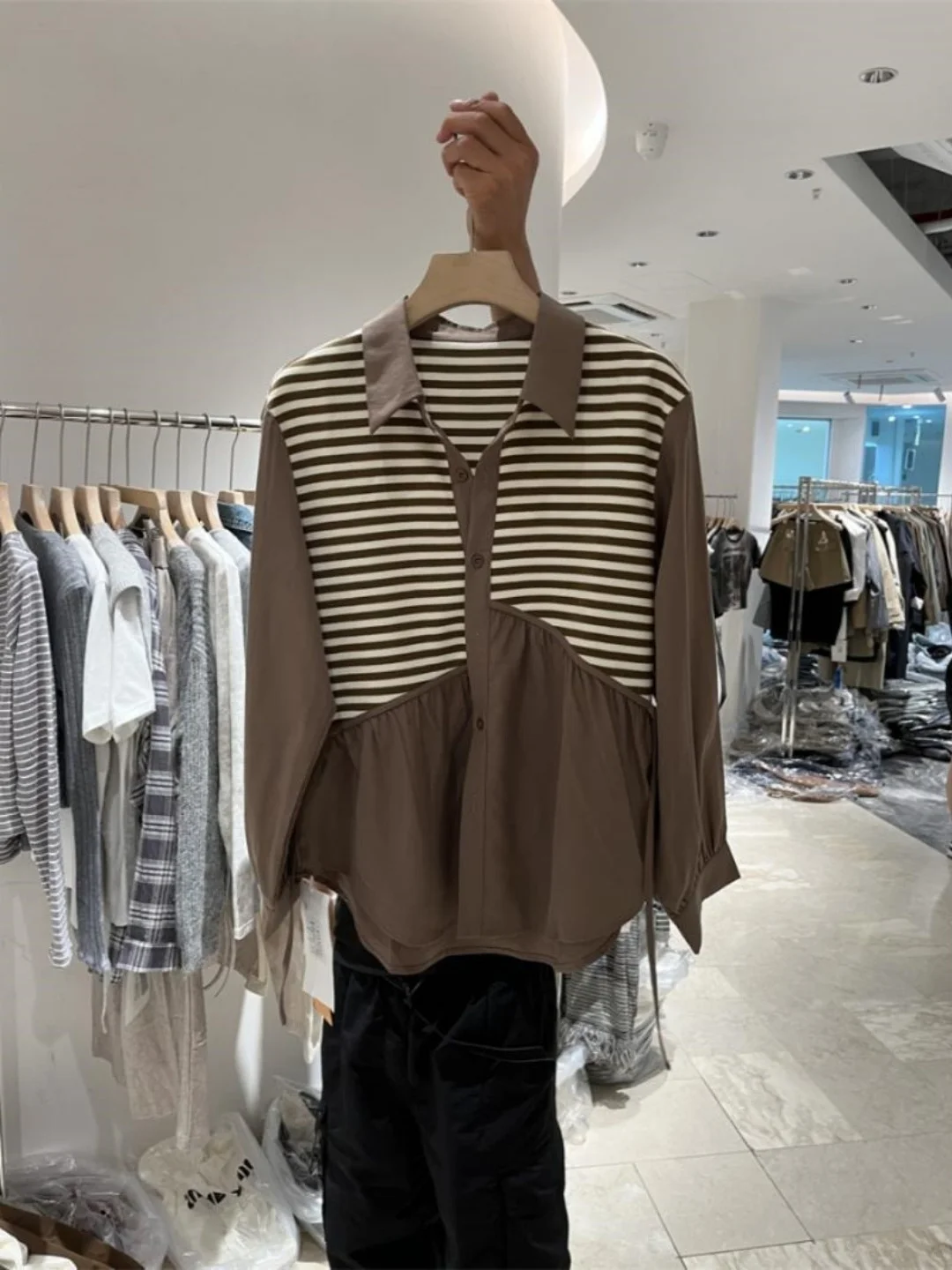 

Корейский полосатый лоскутный топ Long Sve Ne irt Special, большой размер 300, осенне-зимний топ для похудения Faion