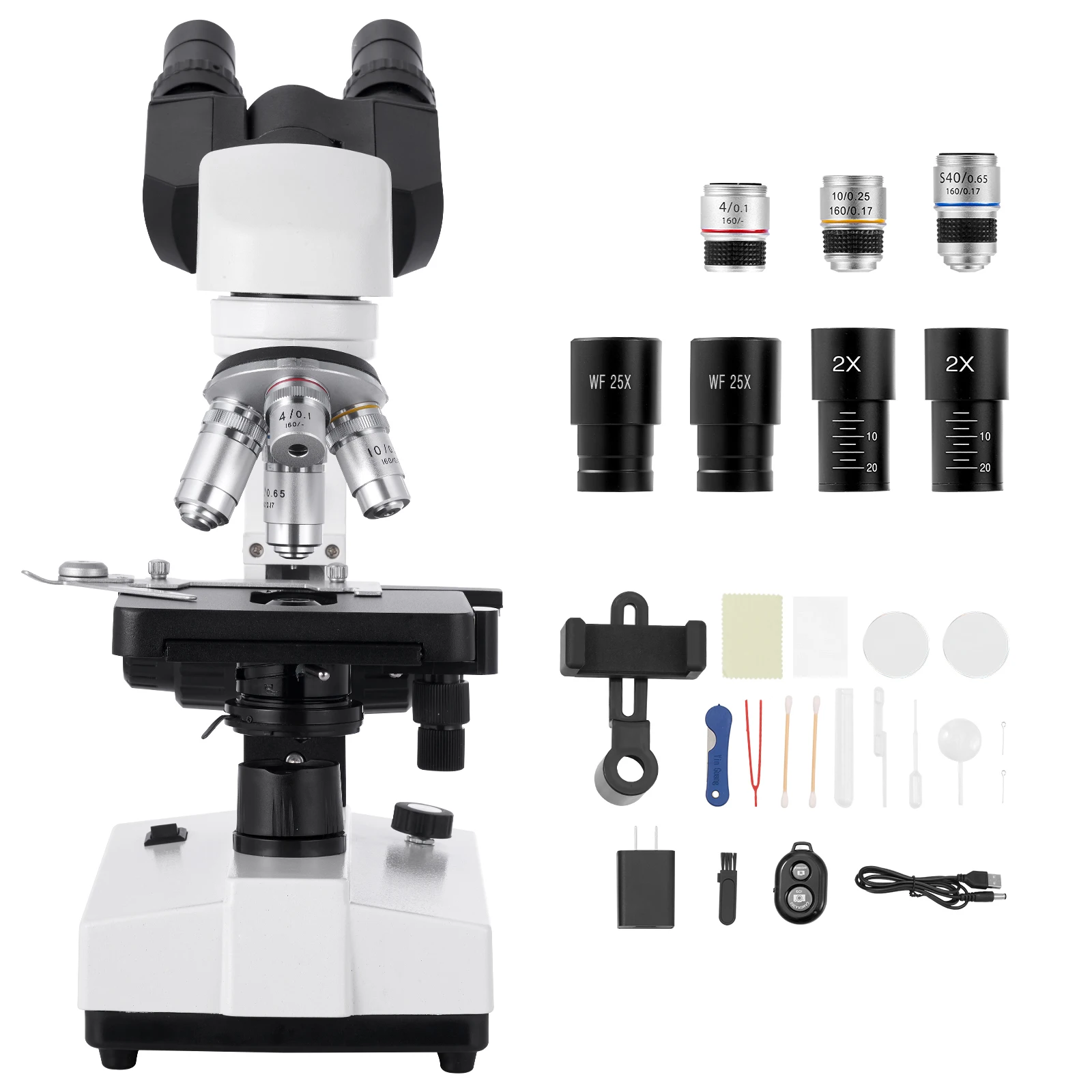 Binocular Microscope, 40-5000X Magnification, Professional Compound Microscope for Adult with Dual Stage and Two Sets of Eyepieces, Aluminum Alloy Body, Includes LED Light and Phone Holder