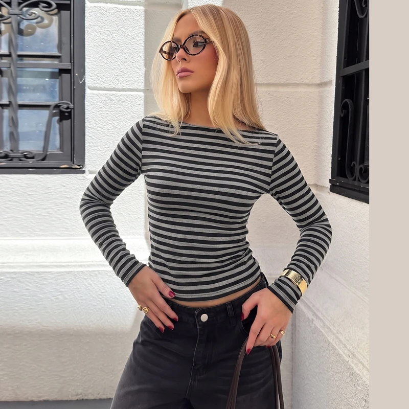 Hugcitar Gestreiftes Farbblock-Langarmshirt, Sexy Slim Fit Crop T-Shirt Top, Herbst Damenmode Kleidung, Streetwear, Party, Club – Detail 23
