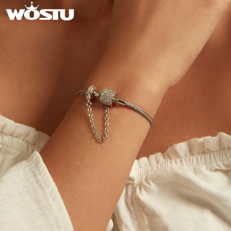 WOSTU Genuine 925 Sterling Silver Eruopean Simple Cylinder Shaped Charm Bracelet & Bangle For Women Fit Original Brand DIY Beads