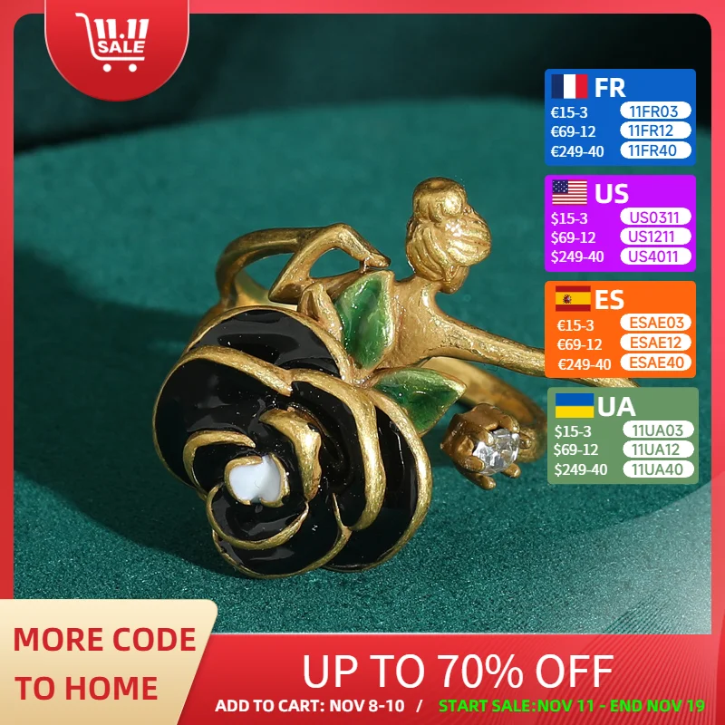 

Vintage Ballet Girl Rose Flower Ring Decoration Drip Oil Luxury Quality Jewelry Woman Antique Gold Color Wedding Accessories