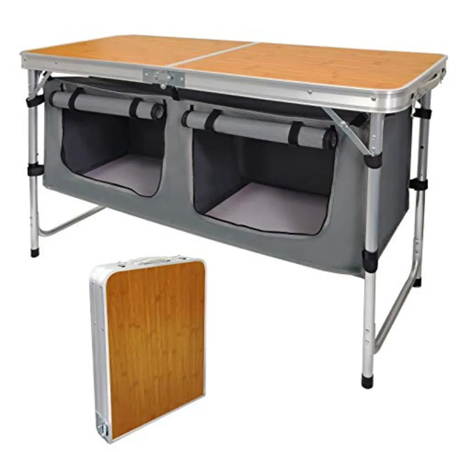 

Folding Camping Table with Storage: Lightweight, Aluminum, Black, Height Adjustable for Picnic, Beach, Travel, Tailgating, Back