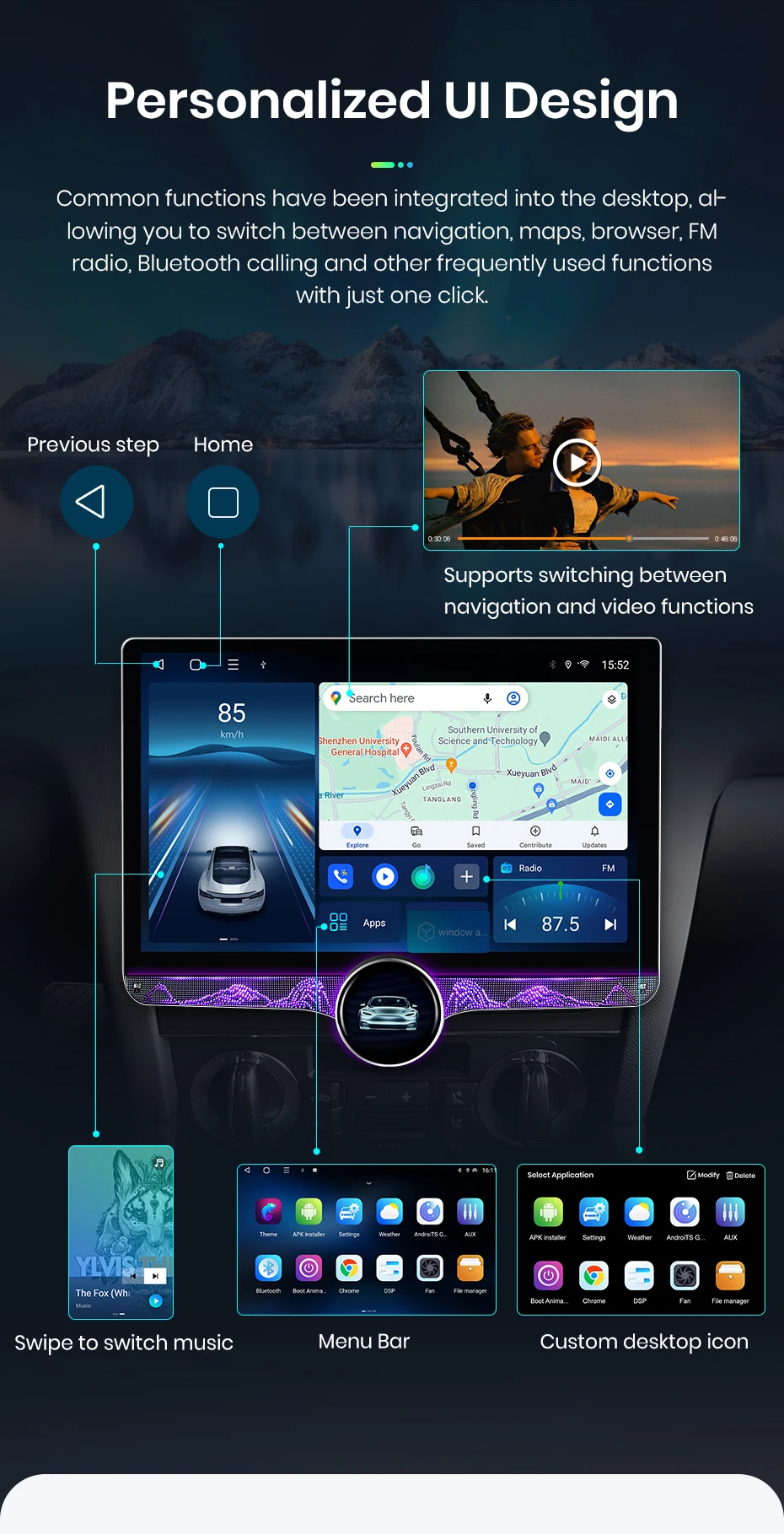 Junsun 11,5 Zoll 2K Touchscreen Kabelloses CarPlay für Apple Universelles Autoradio Android Auto Stereo Multimedia-Videoplayer Intelligente Fahrzeugsysteme 2 Din Autoradio-Haupteinheit GPS-Navigation BT 4G WIFI 8-Kern FM AM DSP RDS SWC DAB – Detail 13