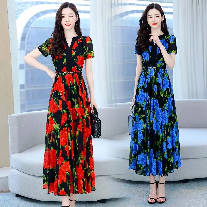 Printed Boho Chiffon Dress For Women Summer 2023 Fashion Slimming High-End V-Neck Short Sleeve Vintage Elegant Dresses Z1287