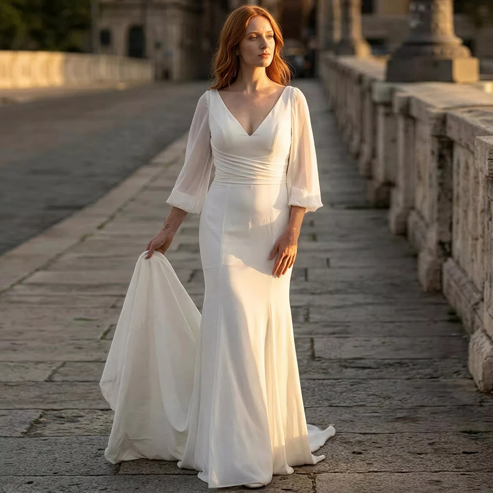 

Classic Three Quarter Sleeves V-Neck Mermaid Wedding Dress with Court Train Customized V Back Bow Bridal Dress robe de mariée