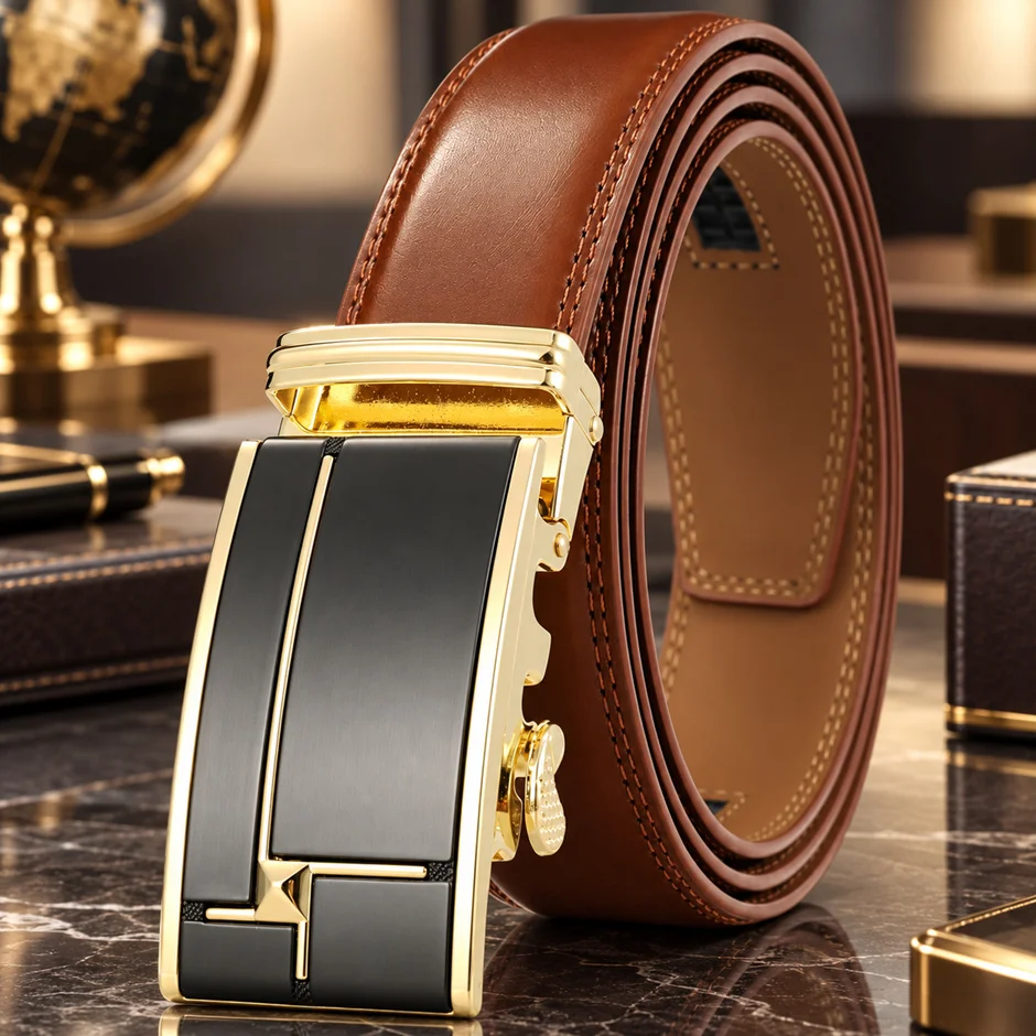 Plyesxale Men's Belt Automatic Ratchet Buckle Cow Genuine Leather Belts For Men Luxury Brand Male Strap cinturon hombre B324