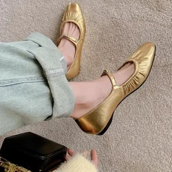 Pleated Fashion Ballet Flats Women Leather Shoe Women Casual Buckle Strap Silver Flats Gold Square Toe 2024 Spring Women's Shoes