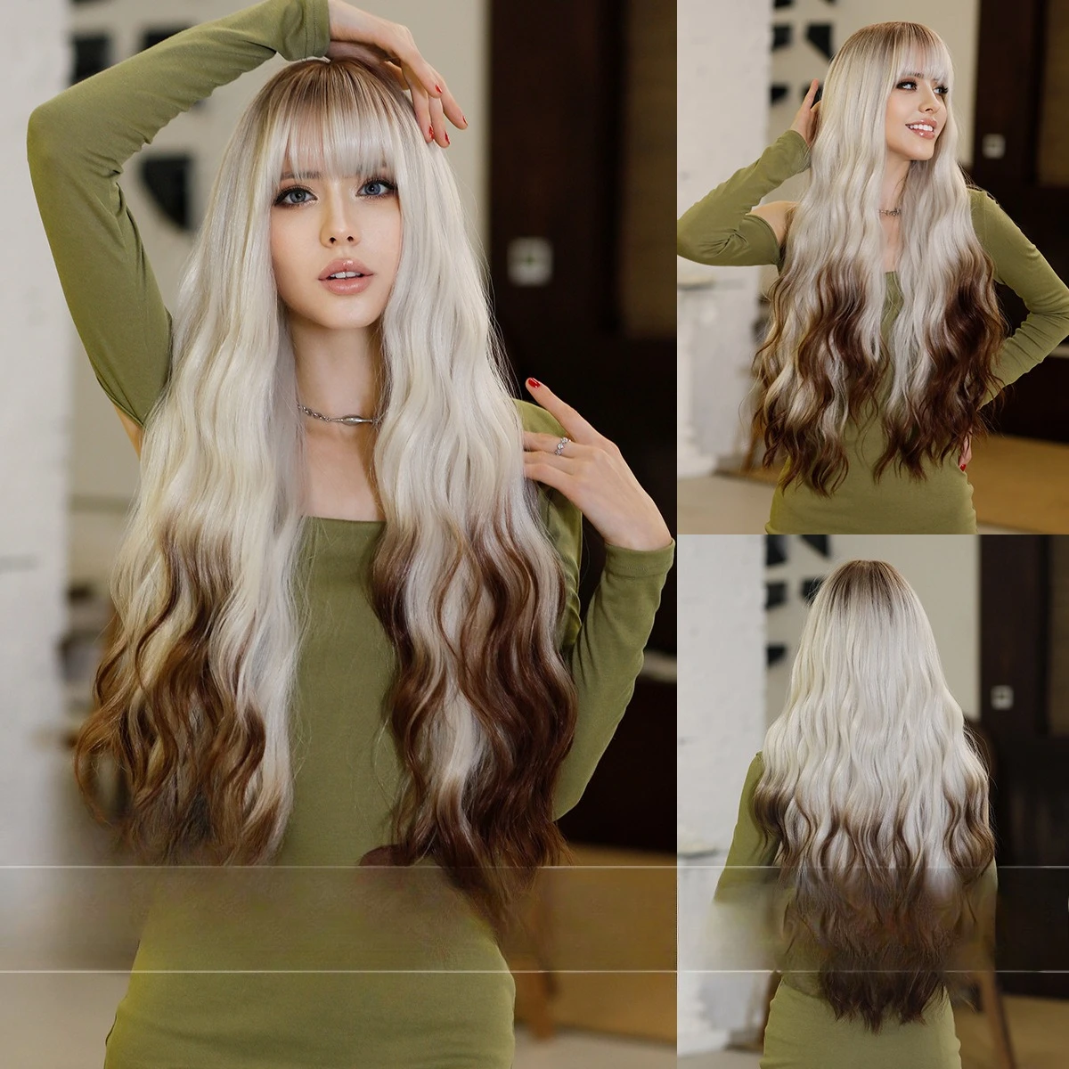 

European and American Wig Female Long Curly Hair Big Wave Silver White Hair Tail Dyed Brown Ombre Blonde Wigs 30 Inches