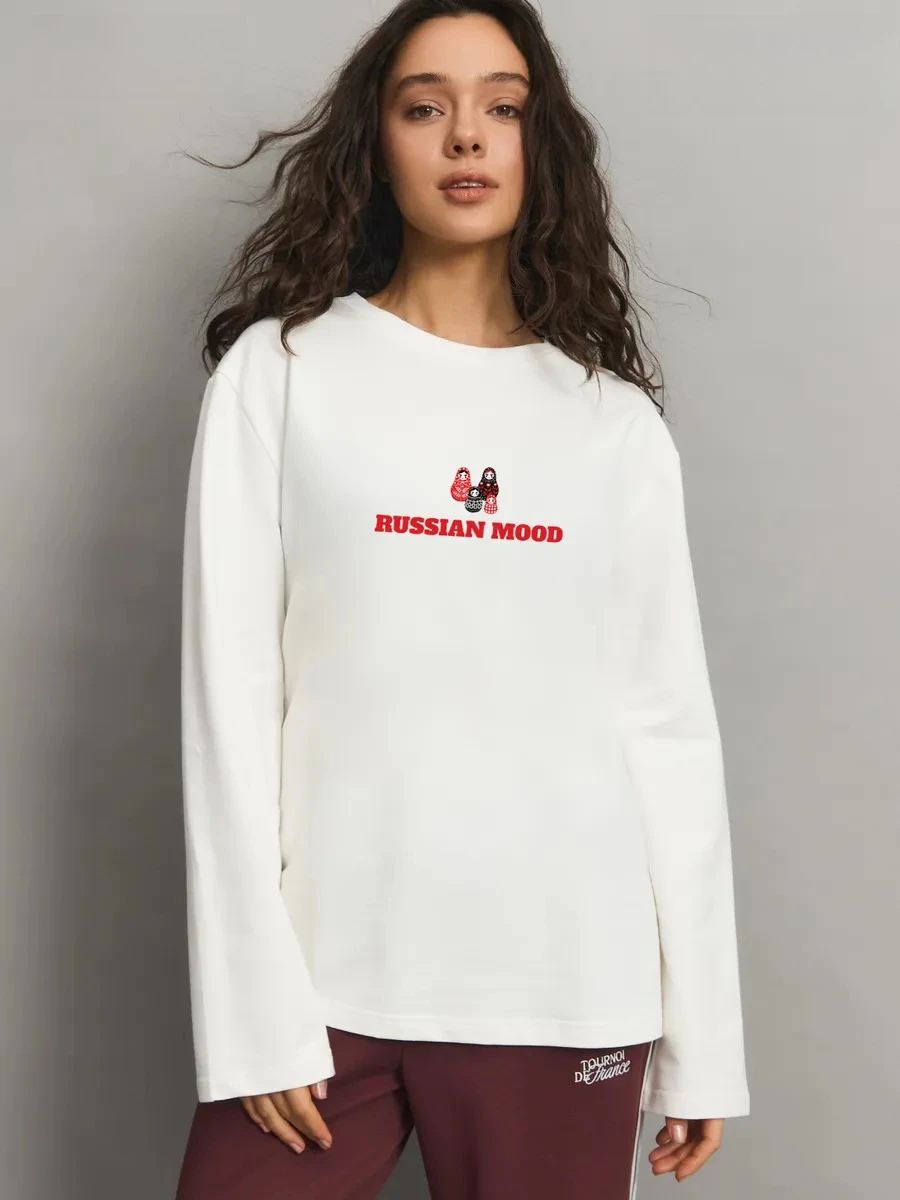 Spring Autumn Women's 100% Cotton Long Sleeve T Shirt Cute Nesting Doll Red Letter Front Print Loose Fit Casual Daily Wear Top