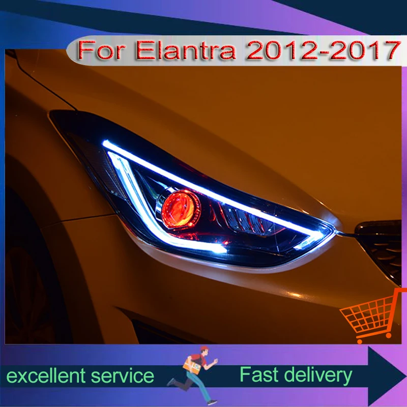 Car Light For Hyundai Elantra 2012-2017 Headlight Assembly Modified LED DRL Devil\'s Eye Design Dual Lens Turn Signal Front Lamps