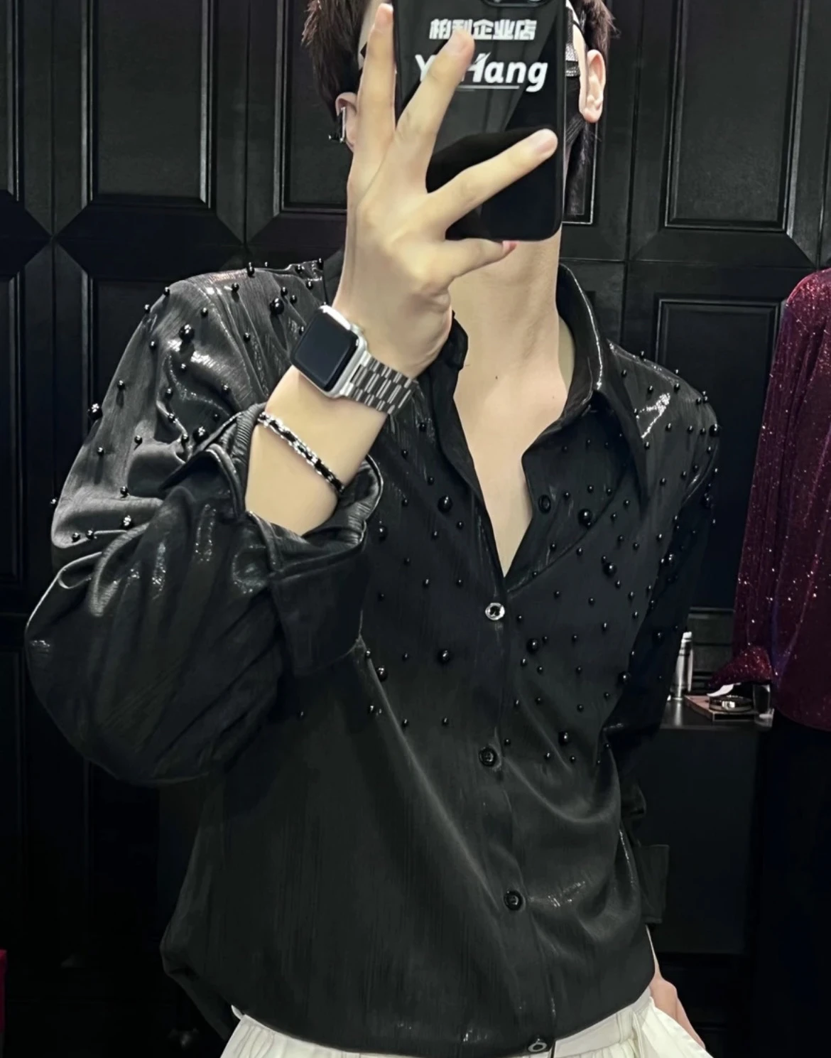 2025 Summer Fashion Design Beaded Long Sleeve Shirt Loose Trendy Light Luxury Fashion Personality Shirt for Men
