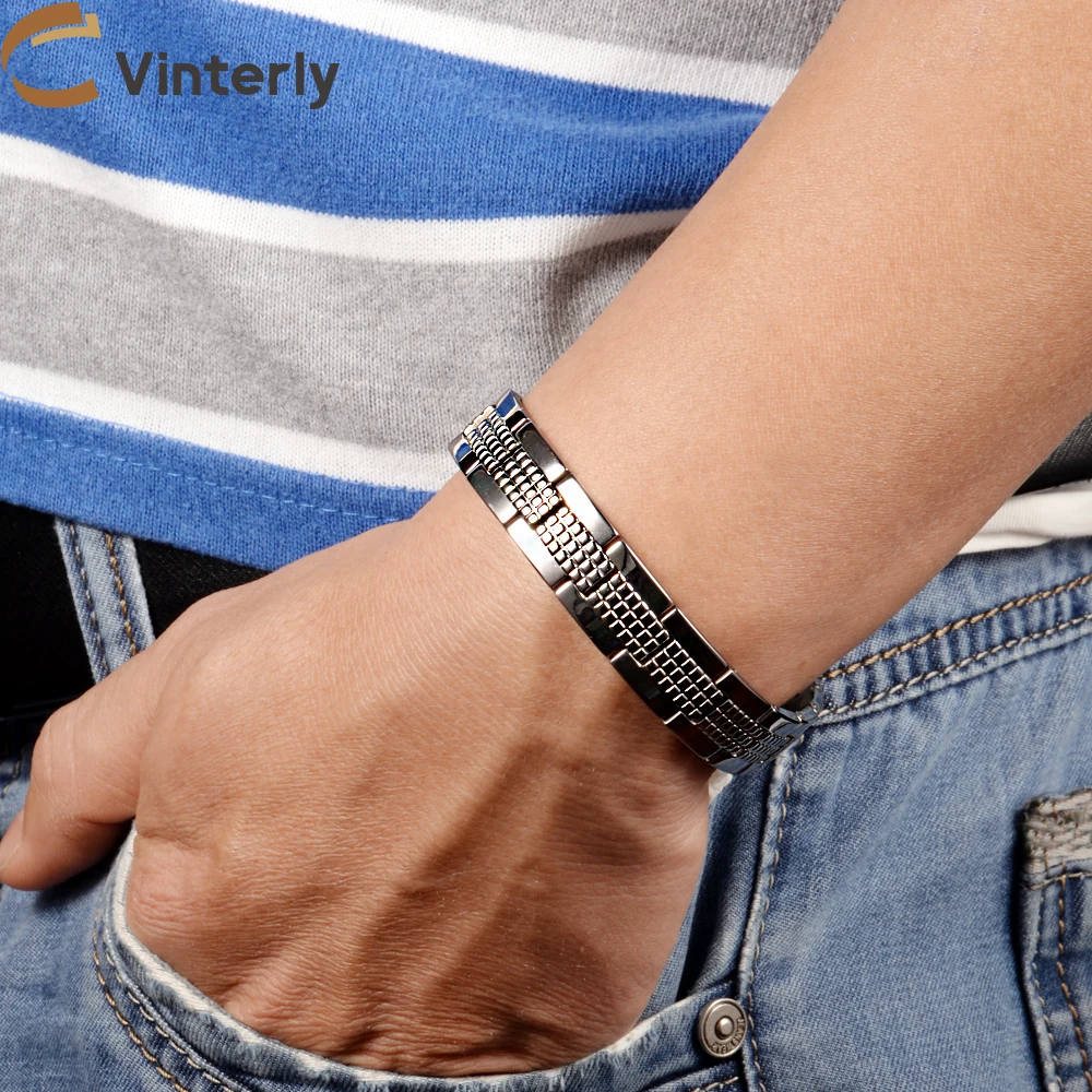 Vinterly Therapeutic Magnetic Bracelet for Men Hand Chain 13mm Health Energy Germanium Satinless Steel Jewelry Male Waterproof