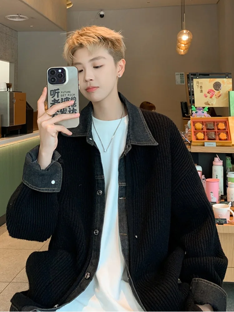 

Men's Denim Patchwork Open Cardigan Sweater Fake Two-Piece Lazy Sle Knitted irt Trendy Autumn New Arrival Casual Wear