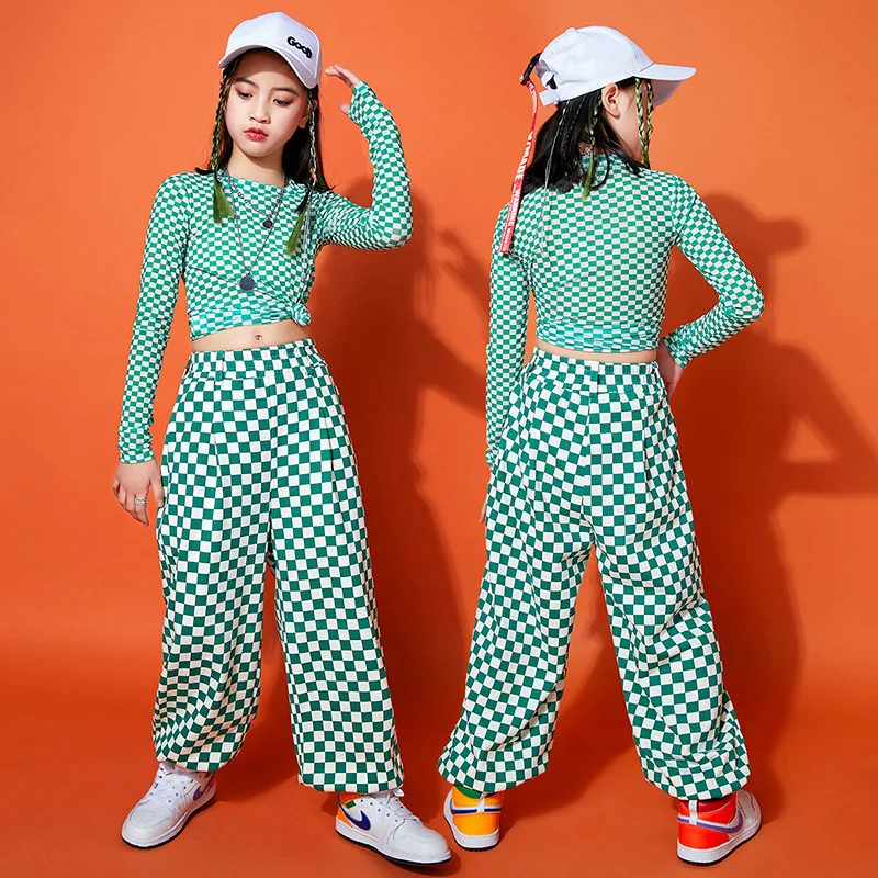 

Kid Kpop Hip Hop Clothing Checkered Long Sleeve T Shirt Casual Streetwear Sweat Jogger Pants for Girl Jazz Dance Costume Clothes