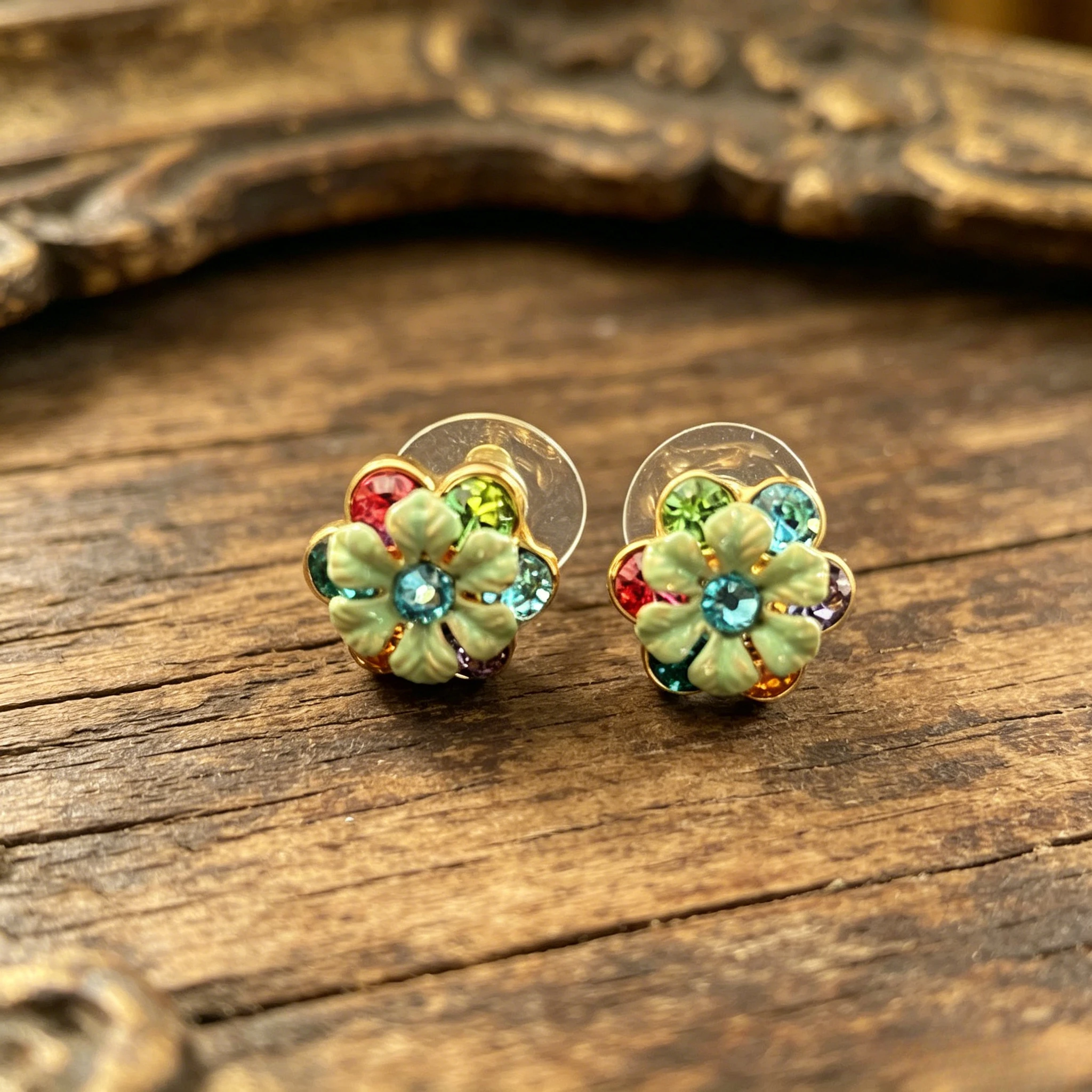 

VKVVA Green Enamel Czech Rhinestone Flower Stud Earrings, Double Layer Multicolor Crystal Floral Earrings for Daily Office Wear