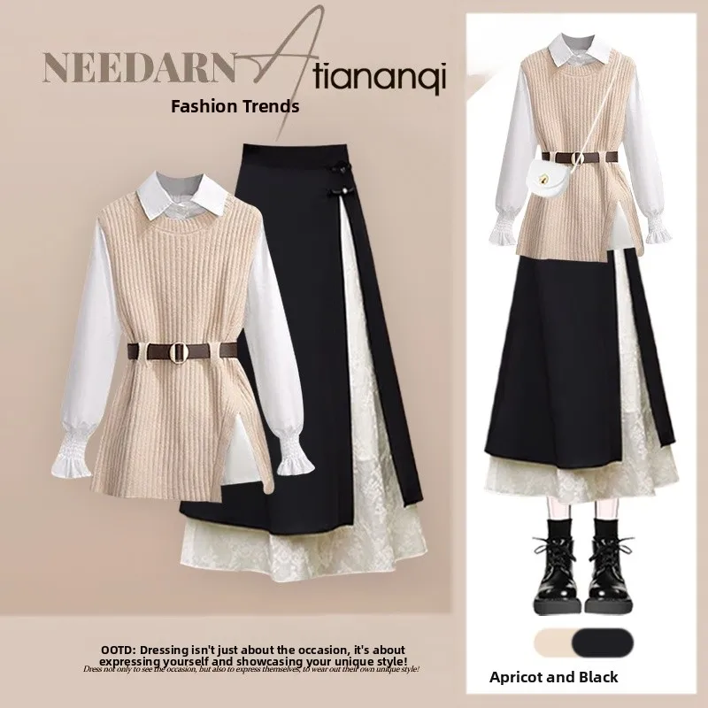 

Fall Faion Knitted Vest irt Underlay Skirt Tee-Piece Set Women's Ele Age-Defng Sle plus Size Online Exclusive