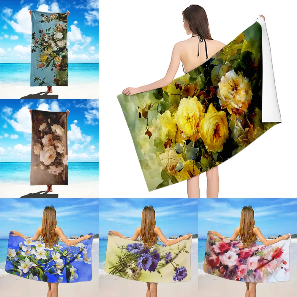 

Vintage flower Oil Painting Beach Towel Microfiber Sand Free Quick Dry Soft Sandproof Pool Towels Gift for Women Travel