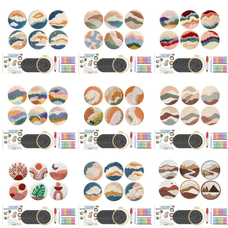 GATYZTORY 6PCS Scenery Pattern Embroidery Kit Punch Needle Coaster Set For Beginner Art Craft Punch Needle Supplies Tufted Coast