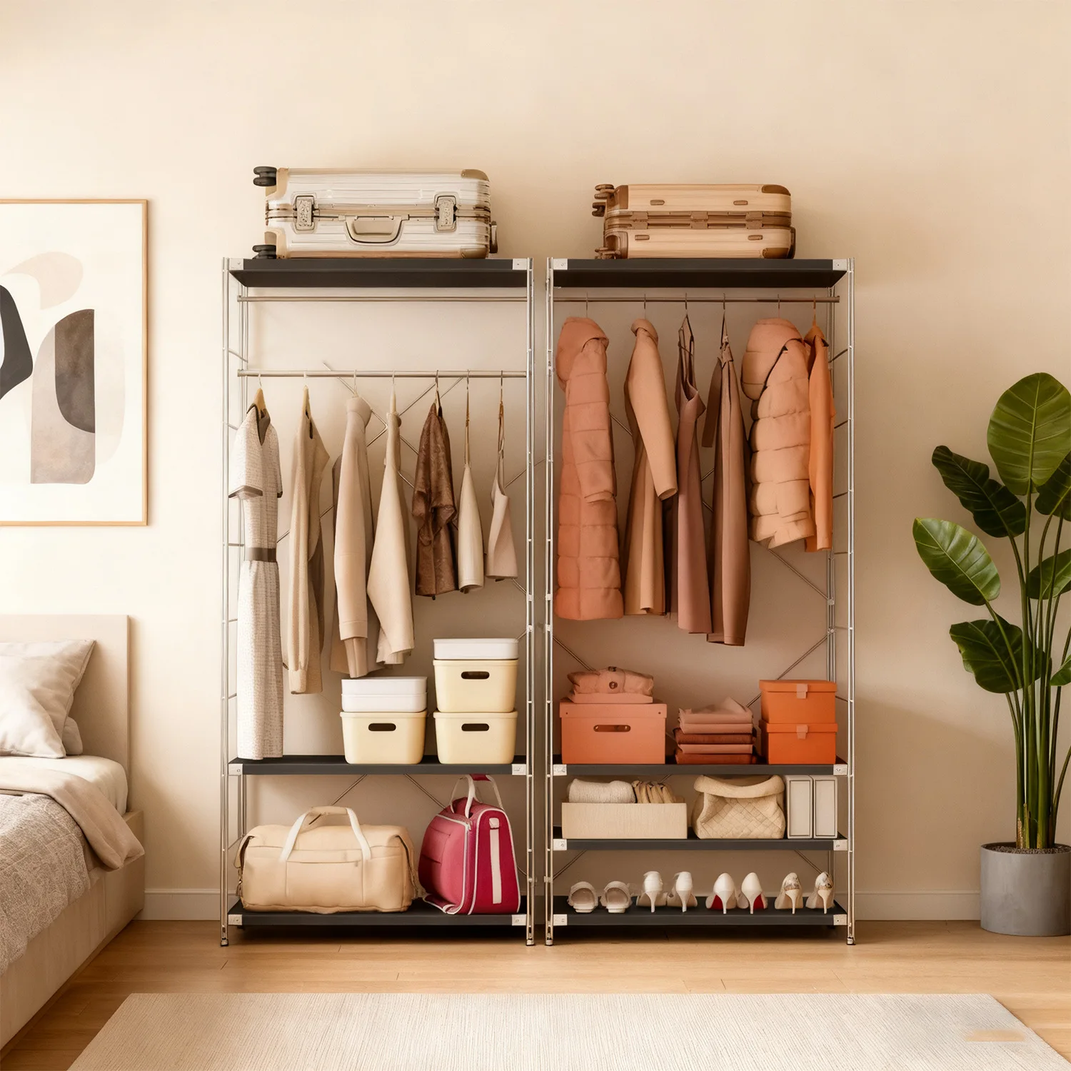 Black coat rack, hanging clothes rack, bedroom floor clothes storage rack, walk-in closet shelf, open wardrobe