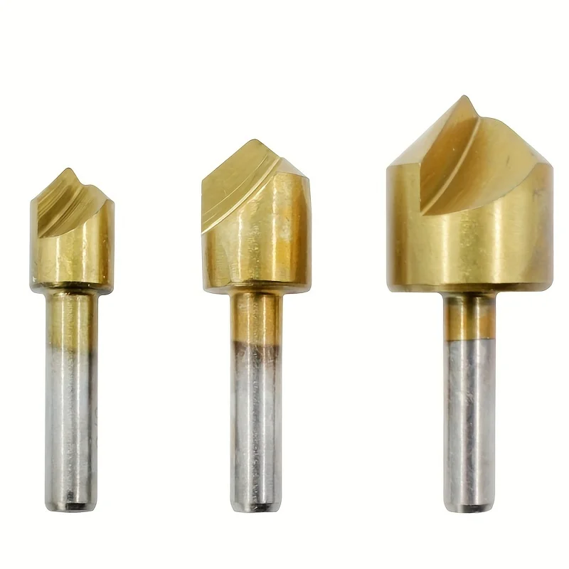 3Pcs Round Handle Single-edge 90° Titanium Plated Woodworking Plate Chamfering Bit With Countersunk Head