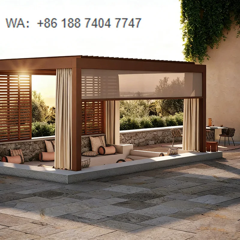 

Водонепроницаемая алюминиевая беседка 6x4 м с моторизованным приводом, роскошная современная пергола-навес для улицы с жалюзи и шторами для балкона