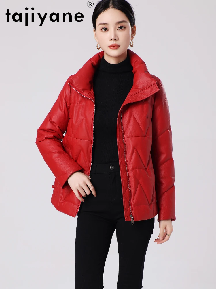 TAJIYANE 100% سترة منتفخة من جلد الغنم للنساء قسط قصير الأبيض بطة أسفل معاطف سترات من الجلد الطبيعي 2025 ملابس امرأة 신상АКю터