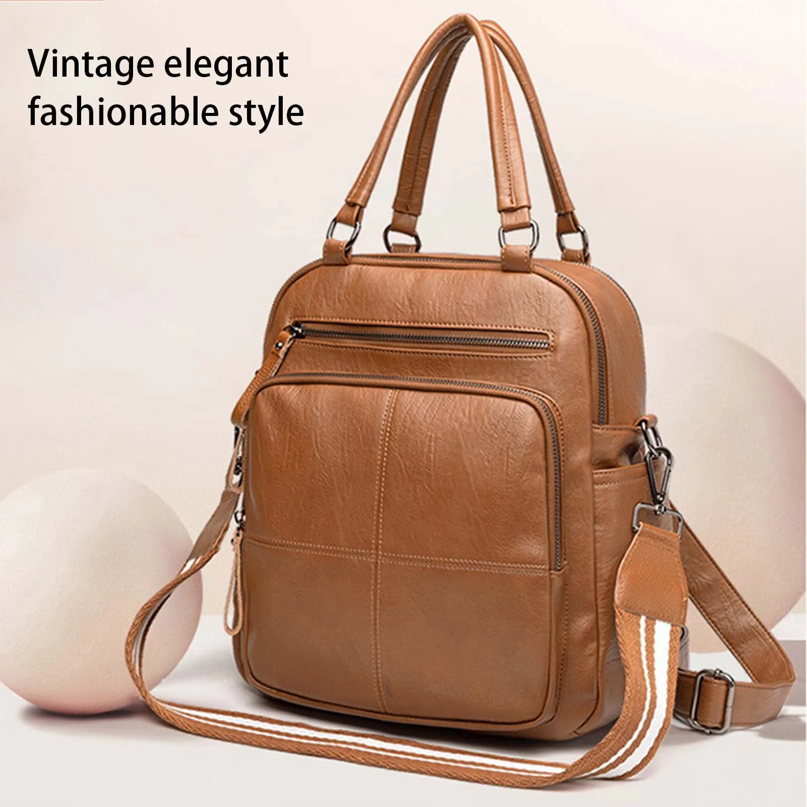 

Fashion Solid-Color Leather Backpack Handbag Portable Commute Shopping Travel Bag For Business Trip Work