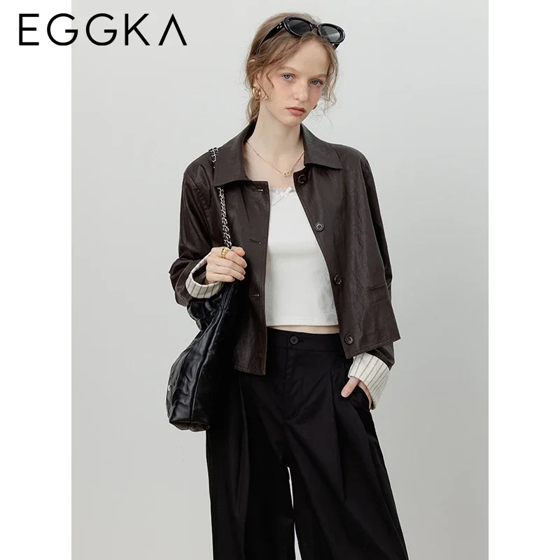 EGGKA Striped Patchwork Lapel Collar Leather Jacket Classic PU Jackets Retro Brown Short Jacket Women\'s Autumn Winter Y2k Coats