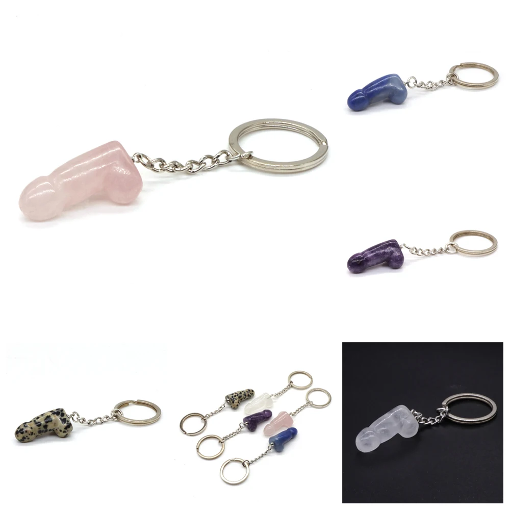 

1" Mini Penis Keyrings Figurine Natural Rouse Quartz Crystal Polished Healing Hand Carved Dick Chain Wholesale Gift Ornament