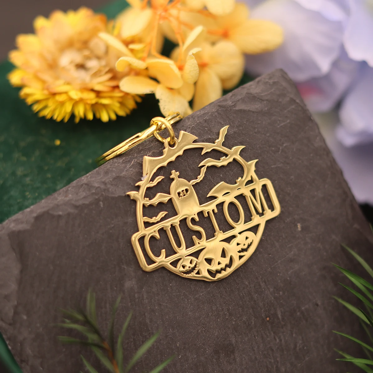 QIAMNI هالوين مخصص اسم المفاتيح الفولاذ المقاوم للصدأ شبح اليقطين المعلقات كيرينغ حقيبة يد السيارة ديكور DIY بها بنفسك هدايا مجوهرات الحفلات #2