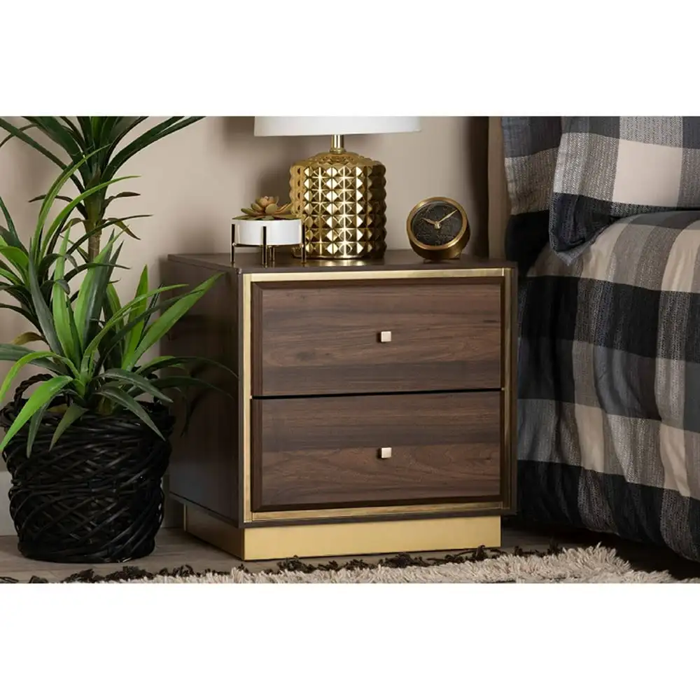 

Baxton Studio Cor Mid- Modern Transitional Walnut Brown Finished Wood And Gold Metal 2-Drawer Nightstand