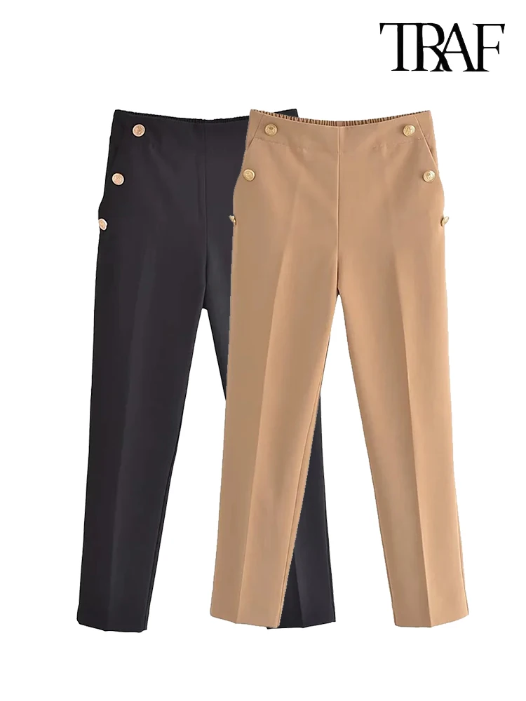 TRAF Women\'s Gold Button Pleated Trousers Elasticated Waistband Ankle Trousers Vintage High Waist Slim Straight Leg Pants