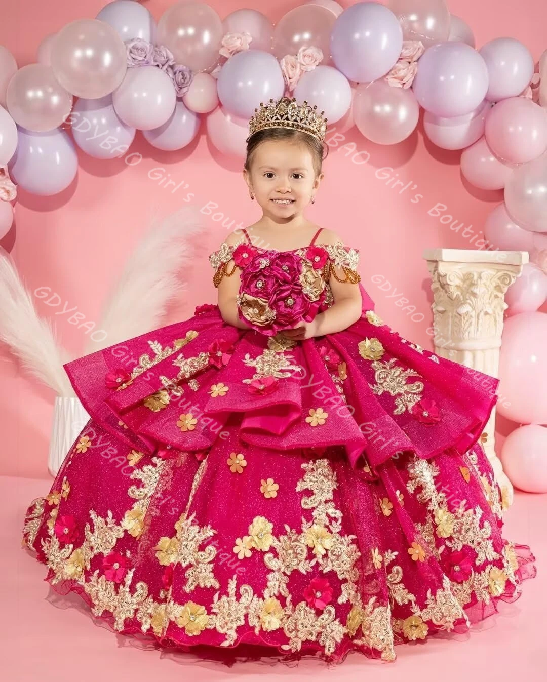 Ball Gown Flower Girl Dress Toddlers Gold Appliqued Tiered Tulle Princess Pageant Dress Drop Shoulder Custom Wedding Party Frock #4