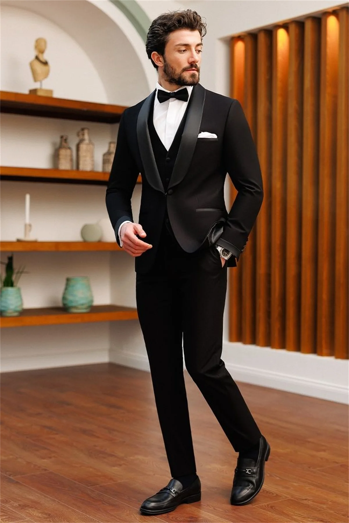Elegant Black Wedding Suits For Men Slim Fit Smooth Shawl Lapel Groom Tuxedos Prom Party 3 Pieces Sets Traje Formal Para Hombre