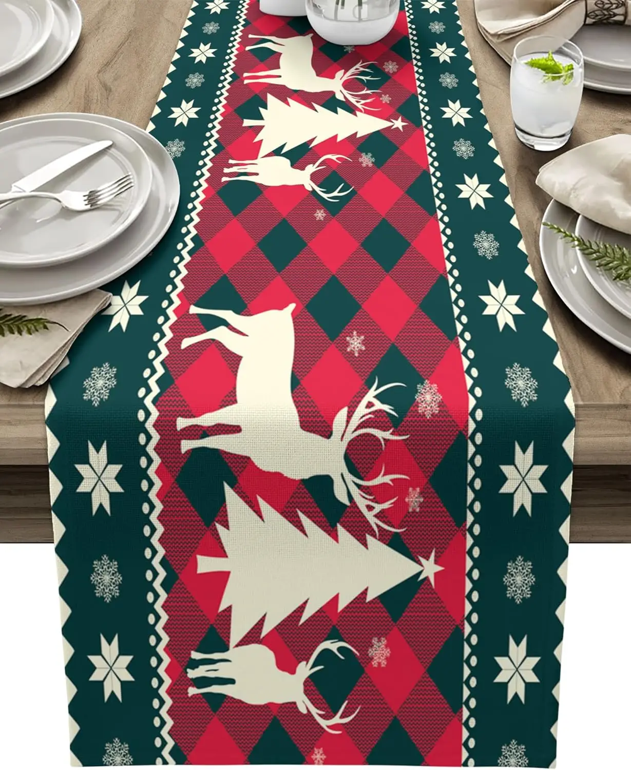 Christmas Tree Elk Red Buffalo Plaid Checkered Linen Table Runners Dresser Scarf Decor Farmhouse Dining Table Runners Xmas Decor