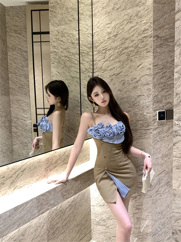 BaiYaan Summer Floral Print Color Blo Strap Dr Gonna da donna slim fit irt Sle A-Line Silhouette Ins Sle