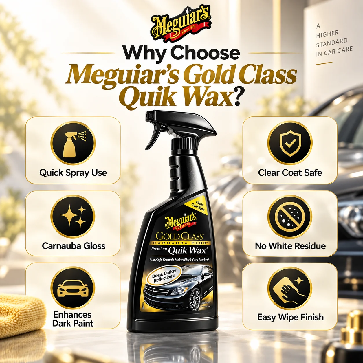 3M Meguiar’s G7716 Gold Class Quik Wax Carnauba Spray Wax Deep Gloss Easy Wipe for Car Paint Clear Coat 473ml
