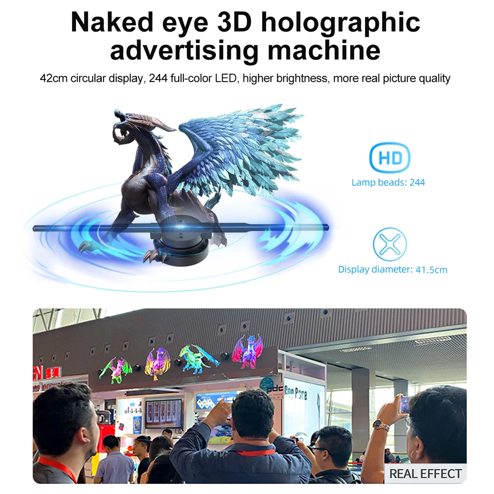 Proyector de holograma con ventilador 3D de ojo desnudo PD42, alto brillo, montado en la pared, Wifi, señal Led, reproductor de lámpara holográfica, pantalla publicitaria