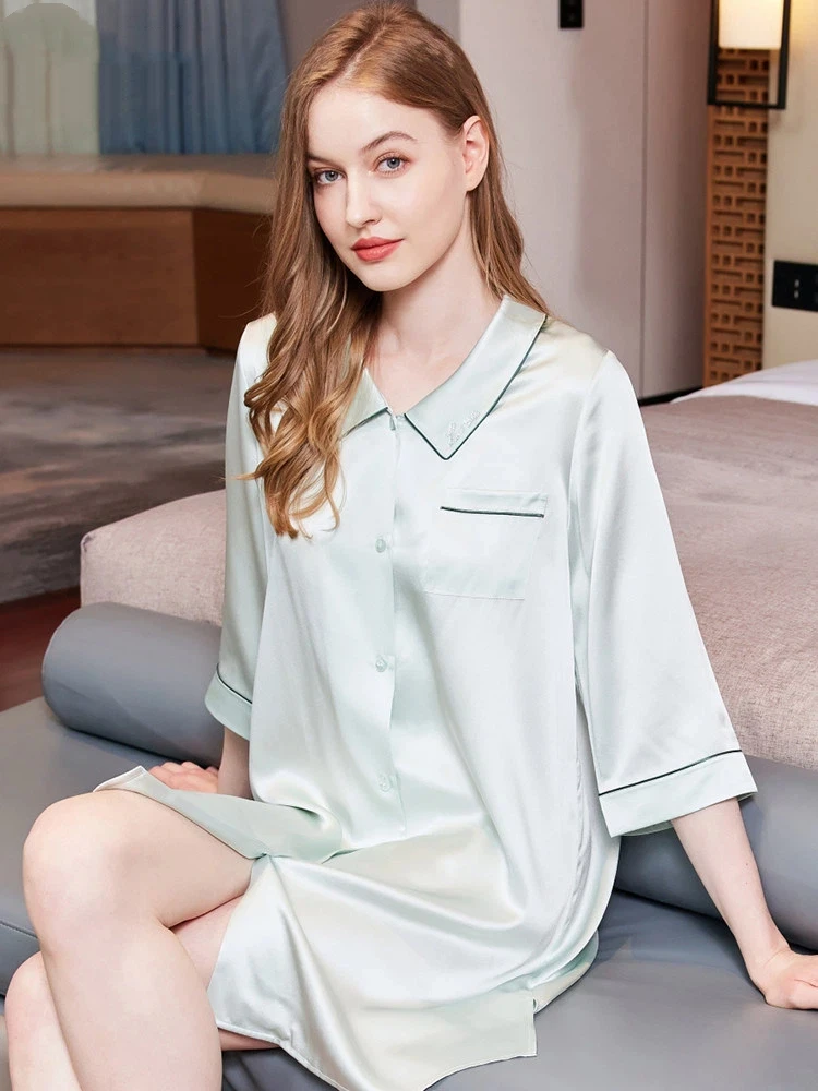 

Ночная сорочка-пижама из 100% шелка тутового шелкопряда (19 момме) с коротким рукавом, на пуговицах, для женщин, повседневная домашняя одежда