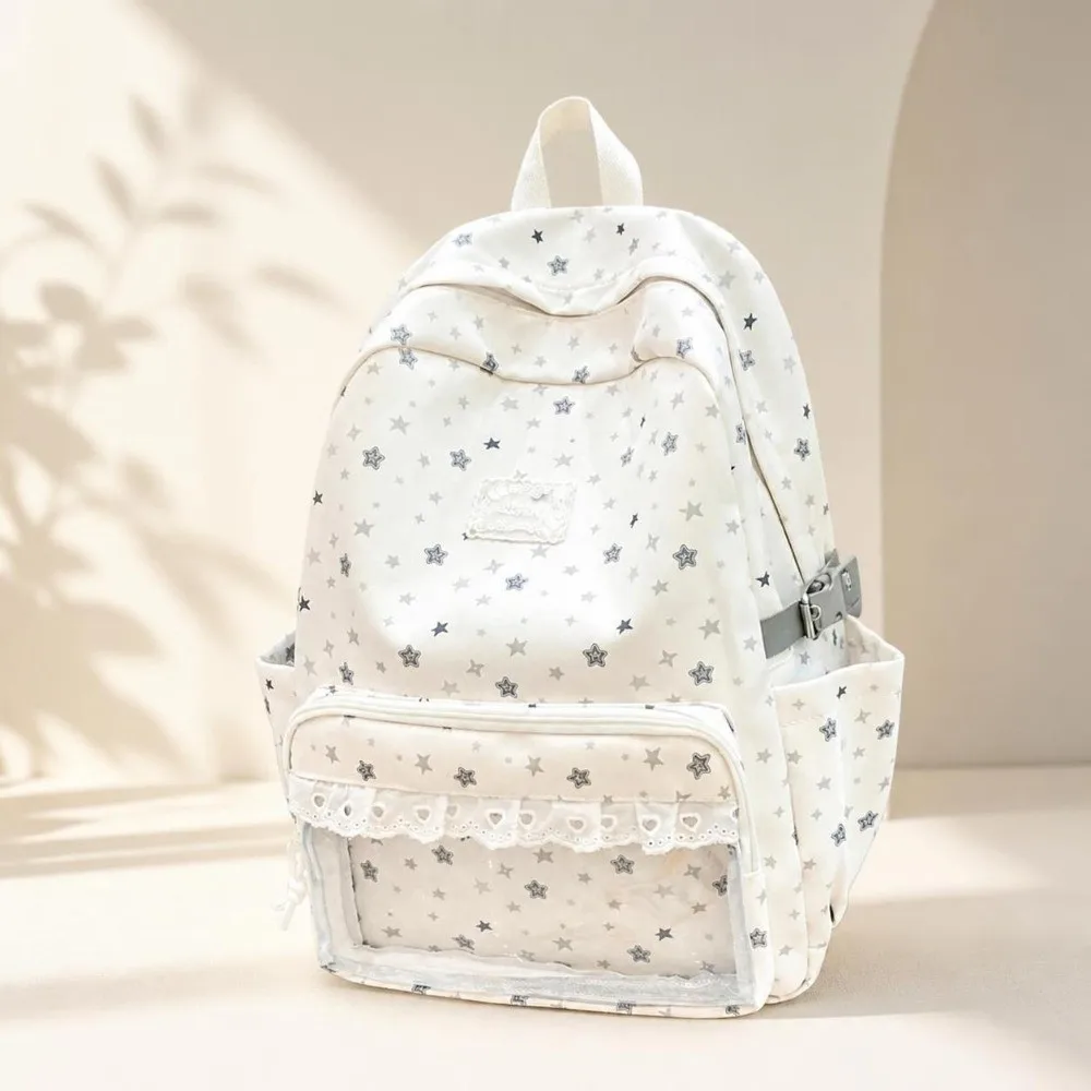 Large Capacity School Backpack Transparent Lace Trim Student Rucksack Japanese Style Star Print Aesthetic Backpack School Campus