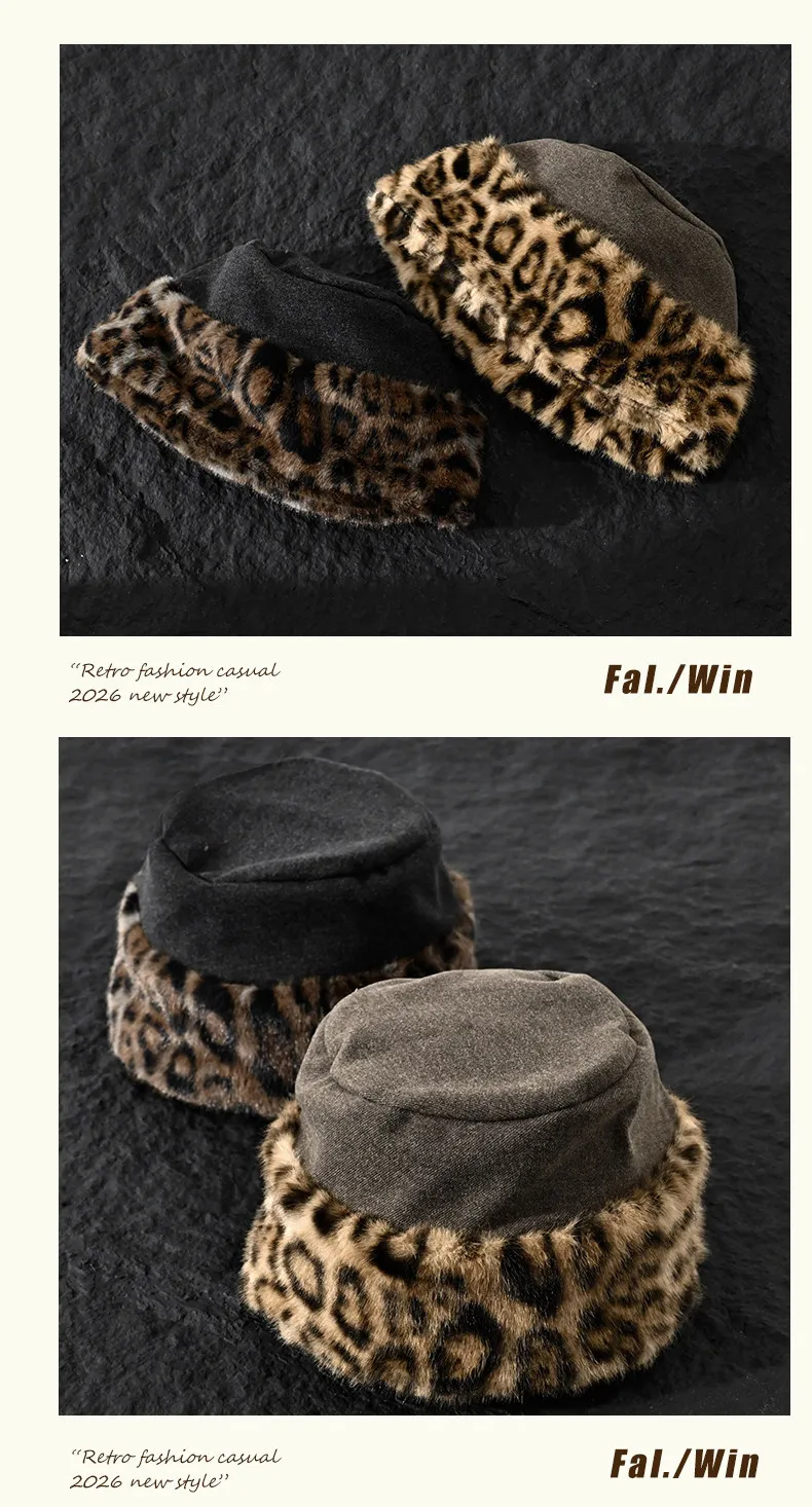 Neue modische Plüsch-Bucket-Hüte mit Leopardenmuster für Damen, warme Winter-Fischerhüte, stilvolle Outdoor-Reise-Baskenmützen im Y2K-Look. – Detail 12