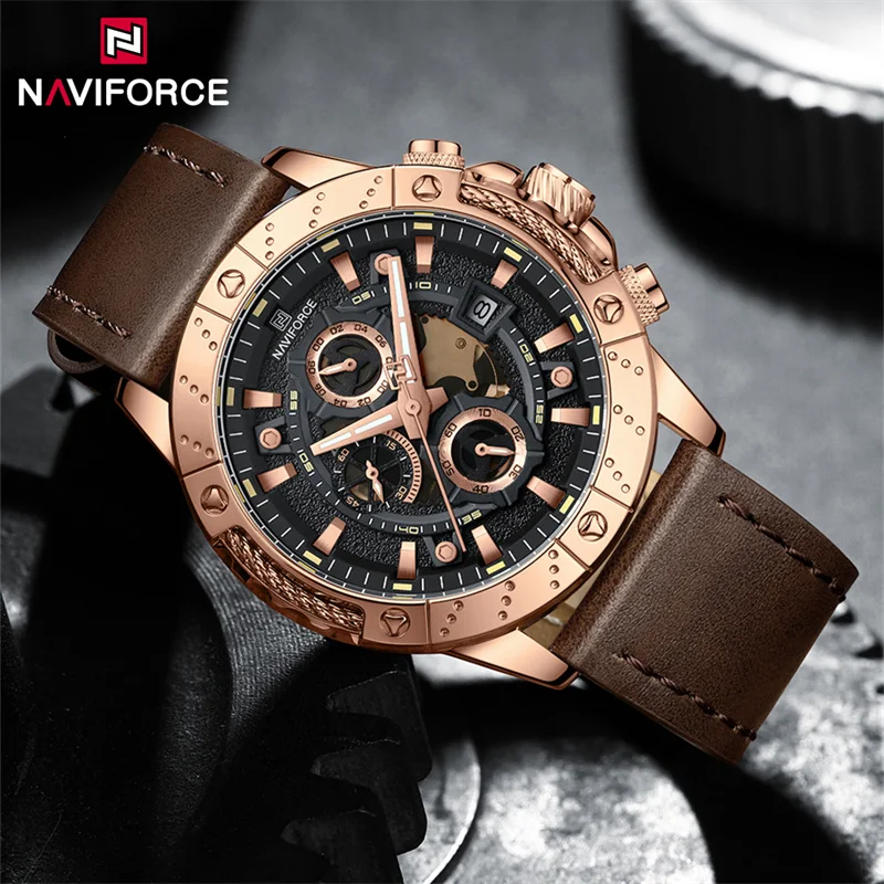 NAVIFORCE-reloj deportivo de cuarzo para hombre, cronógrafo de lujo con correa de cuero, estilo militar, informal, resistente al agua, 2024