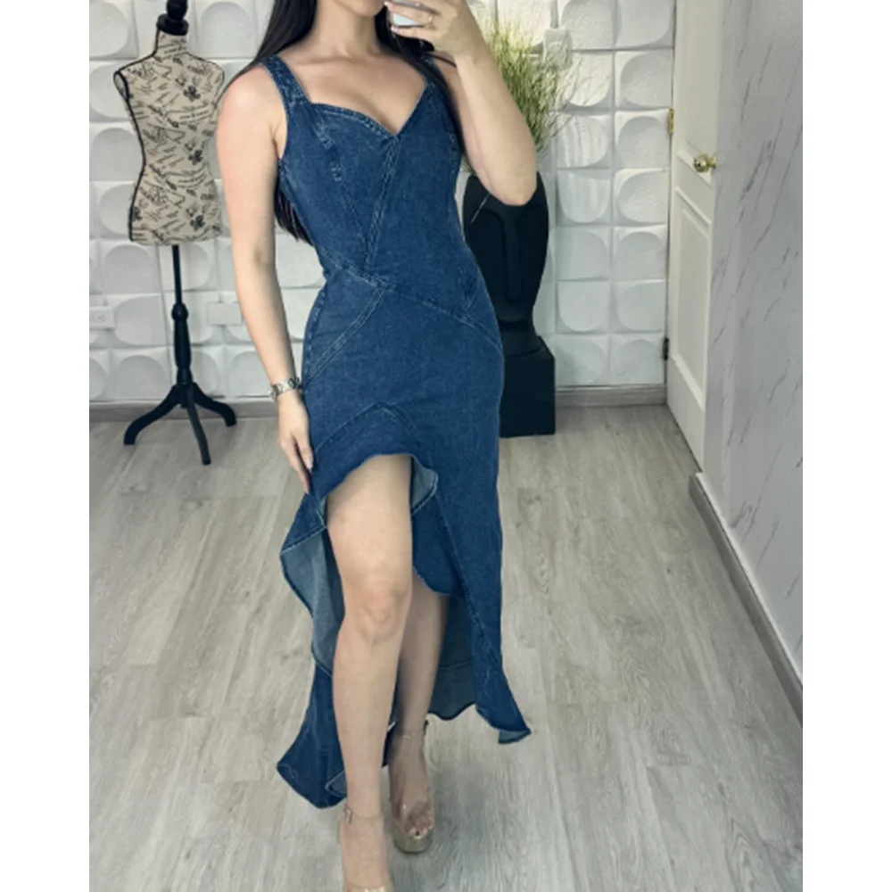 Damen Denim ärmellose V-Ausschnitt Kleider Seitenschlitz Slim Fit Schlitz unregelmäßige Rüschen rohes High Street langes Kleid