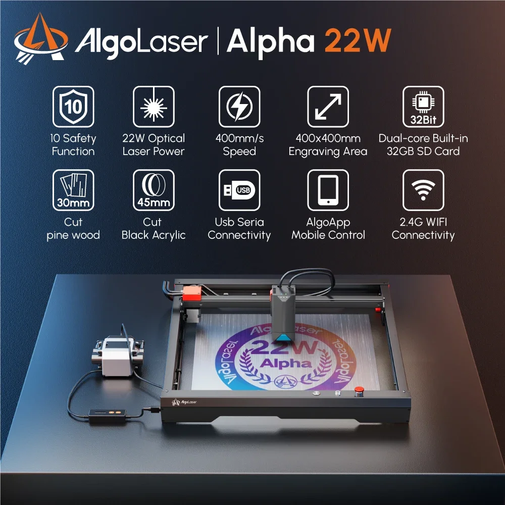 aLaser Alpha 22W CNC Laser Cutter With Air Assist Pump Wifi Metal Laser Engraver Woodworking Lase Engraving Cutting Machine